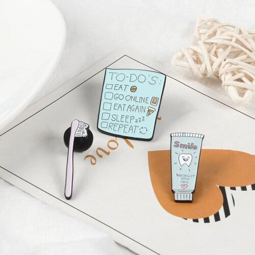 Toothpaste Toothbrush To Do List Enamel Pins Cartoon Daily Supplies Pin Brooch For Women Men Kids Lapel Pin Badges Cute Jewelry