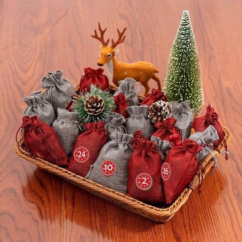 24PCS Christmas Advent Calendar Gift Bag DIY Xmas Personalized Filling Candy Bag Stickers Clips Drawstring Rope Gift Bags