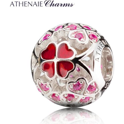 ATHENAIE 925 Sterling Silver Enamel Lucky Shamrock Charms Best Wishes to You Beads Fit All European Bracelets Necklace Color Red
