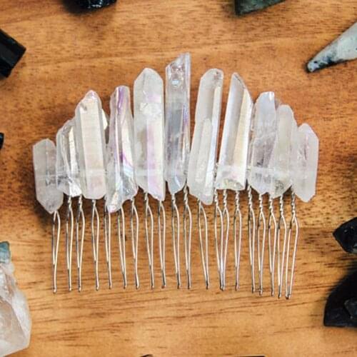 Aura Quartz Crystal Crown Natural Raw Matte Rainbow Stone Opal Angel Aura Silver Comb Bridal Hair Accessories