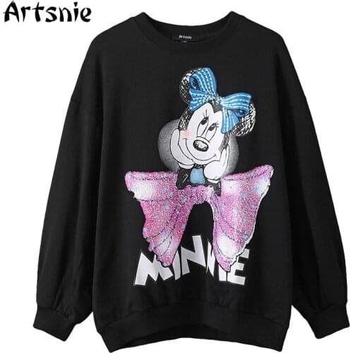 Artsnie Disney Minne Cartoon Sweatshirt Women Spring 2021 O Neck Oversized Hoodies Streetwear Cartoon Knitted Black Sweatshirts
