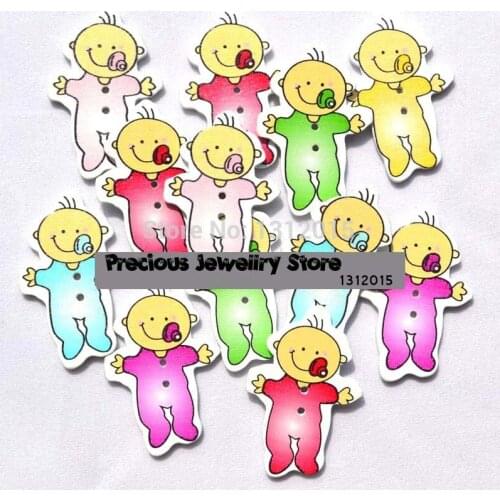 Free shipping 100pcs 40x26mm 2 Holes Mixed colors baby kids Pattern Natural Wood Buttons For handmake Scrapbooking Craft QC009