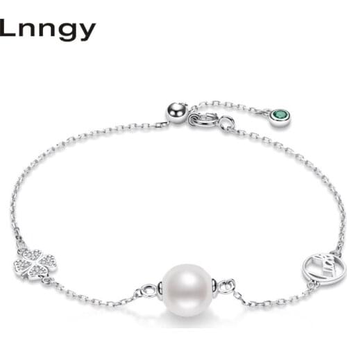 Lnngy 925 Sterling Silver Bracelet Fashion Twisted Bracelet Bangle Gifts Pearl Four Leaf Clover Charm Bracelet Freshwater gifts