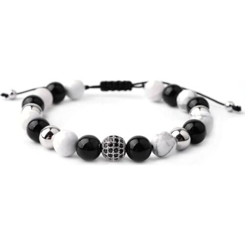 Black White Natural Ag. Stone with Round Micro Zircon Pave Metal Bead Rope Braided Extended Fashion Women Men Bracelets MBC42