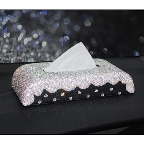 Fashion inlaid diamond black pu leather tissue box car tissue holder napkin holders tissue holder for car PZJH048