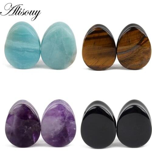 Alisouy 2 pieces Fashion Stone Teardrop Ear Plugs Tunnel Earring Gauges Ear Expanders Stretcher Plug Ear Body Piercings Ring