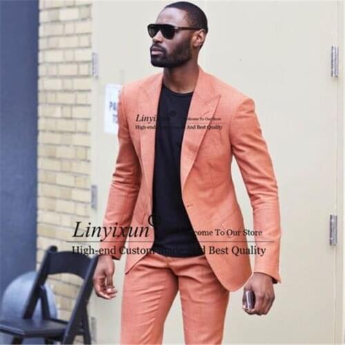 Fashion Design Peach Men Suits Slim Peaked Lapel Two Buttons Blazer Cool Tuxedos Male Handsome Costume Homme(Jacket+Pants)