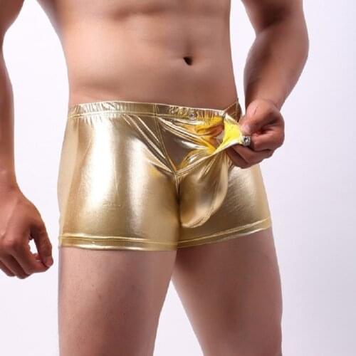 Men Underwear Faux Leather Hollow Out Breathable AirbagCover Separation Loungewear Boyshorts Front Open U Convex Desig Gay Boxer