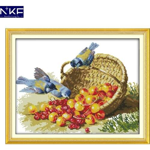 NKF Bird and Fruit Pattern DIY Kits Handmade Craft Needlework Cross Stitch Set Embroidery Animal Design Stitching Home Decor