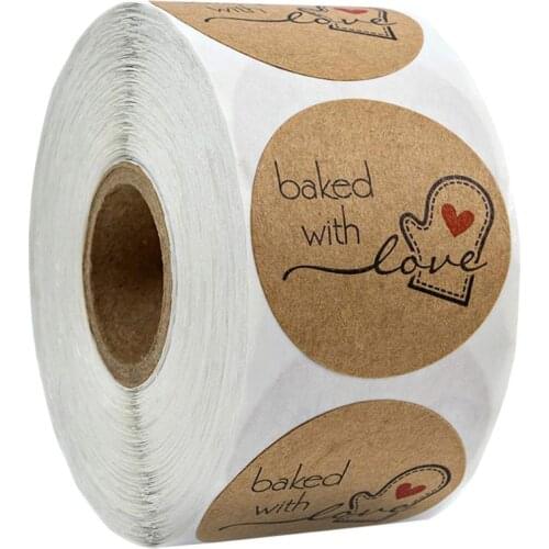 500 PCS Baked with Love Round Kraft Paper Stickers for Handmade Bread Bag and Cake Box Gift Tag Sticker Cute Stickers