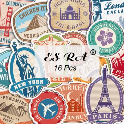 16 Pcs/Set 7~10cm Retro Cities Stamp Stickers Waterproof Vinyl Decals Toys laptop Luggage Journal Decorate