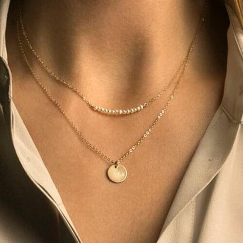 Women Dainty Double Strand Coin Disc and Pearl Beaded Choker Layering Necklace Simple Fashion Jewelry Gifts for Her