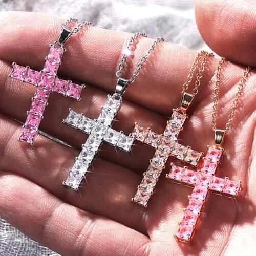 UILZ Fashion Shiny Cross Necklace Pink Silver Color Crystal Pendant Necklace for Men Women Couple Jewelry Gift Wholesale