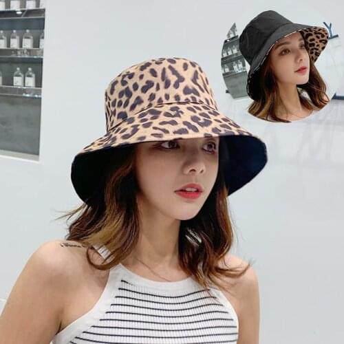 Fashion Leopard Black Bucket Hat Women Two Side Wear Fisherman Hats Summer Ladies Panama Sun Cap