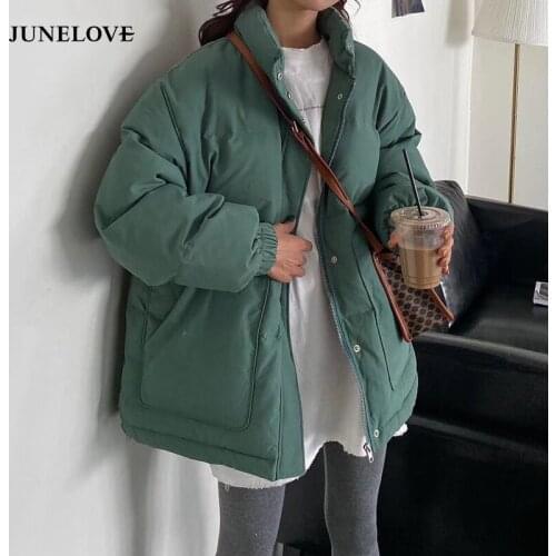 JuneLove Women Short Parkas Solid Warm Thicker Winter Loose Outwear Zipper Button All-match Stand Collar Casual Solid Coats