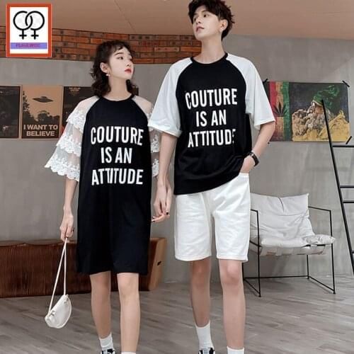 Matching couple Clothes Boyfriends Girlsfriend White Lace Dress Lovers Date Cute Valentines Holiday Letter Couple T Shirt Dress