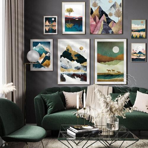 Winters Day Amber Dusk Poster, Nordic Style Abstract Mountain Wall Decor, Boho Artwork Home Wall Art Living Room Decoration Gift