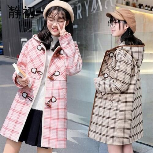 Luxury clothes Autumn Winter New Thick woolen coat female Long sleeve Horn buckle plaid wool coats Hooded child Ladies coats
