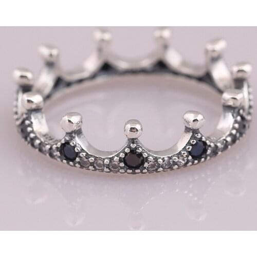 S925 Enchanted Crown Black & Clear Crystal Ring For Women Wedding Party Gift fit Lady Jewelry