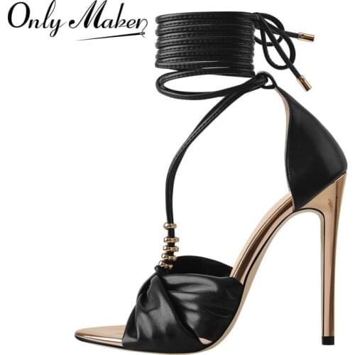 Onlymaker Pointed Toe Sandals Lace Up Metal Thin High Heels Butterfly Knot Pleated Matte Ankle Strap Metal Decoration Shoes