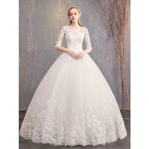 Bridal Wedding Gown Wedding Dress Boat Neck Long Lace Tulle Half Sleeve Charming Magic Side Sleeve Lace Dress Earringss