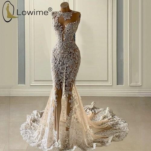 See Through Champagne Mermaid Evening Dresess O Neck Sexy Illusion Beading Evening Gowns Vestido De Festa
