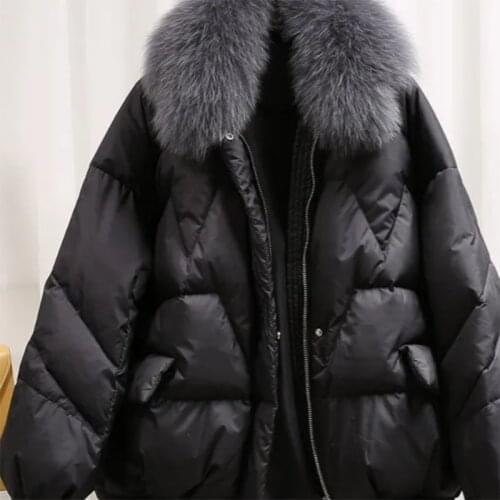 Feather down padded jacket womens loose large version 2021 winter new short loose collar fur collar jacket trend