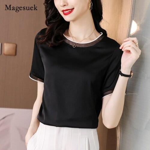 2021 Summer Women Chiffon Solid Silk Satin O-neck Short Sleeve T-shirt for Women Elegant Noble Fashion Style Tops Blusa 14758