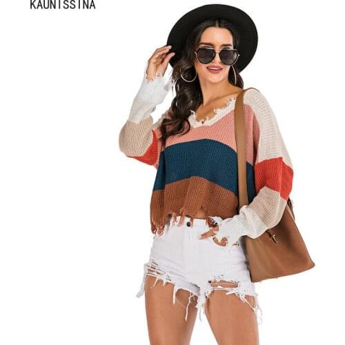 Women Sexy Short Sweaters Long Sleeve V-Neck Striped Knitted Pullover Knit Jumper Spring Autumn Top Street Style Knitwear