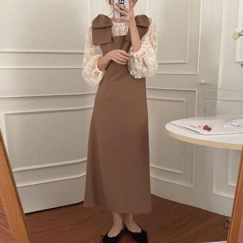 Korean Chic Elegant Dress Sets O-neck Lantern Sleeve Lace Hollow Out Shirts + Bow Wide Straps Sleeveless Midi Robe Women Suit