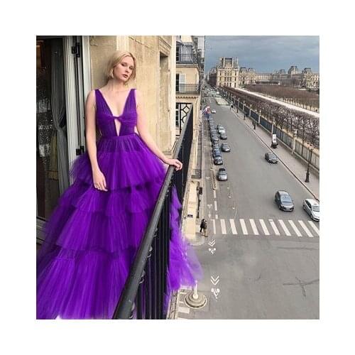 Chic Design Purple Tiered Ruffle Tulle Dress Women 2020 Deep V-Neck Long Tulle Dresses Celebrity Evening Prom Grown Custom Made