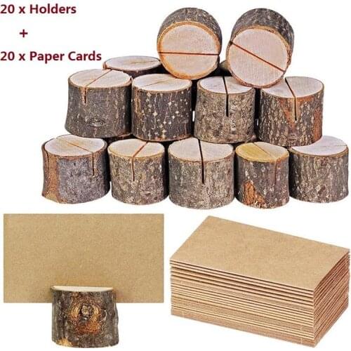 20 Sets Wood Pile Name Place Card Photo Holders Wooden Bark Memo Holder Stump Shape Menu Number Memo Stand Wedding Party Decor