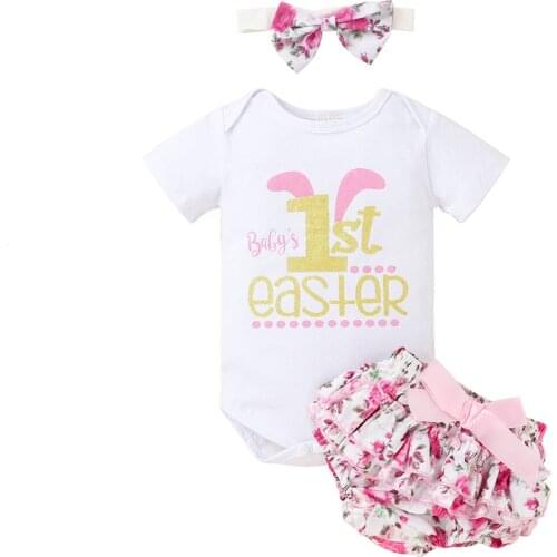 2021 0-24M Baby Girl Summer Clothing My 1st Easter Letter Cute Bunny Print Short Sleeve Romper+Bow Floral Layered Shorts 3pcs