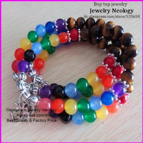 Free ship 10pcs 8mm Newest mxed color bead bracelet tiger eyes bead Spiritual Silver tone OHM, 3D charms bracelet