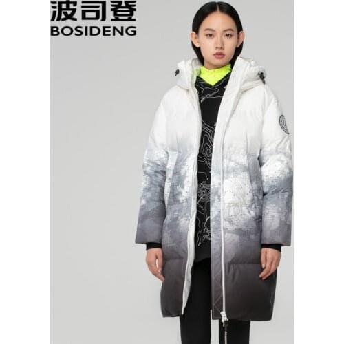BOSIDENG New down jacket womens color contrast gradient, loose coastline print long coat winter warm thicken outwear B00143068