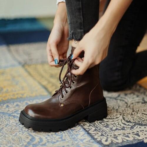MORDOAN Genuine Cow Leather Lady Boots Platform Ankle Boots British Style Lace-up Square Toe Flat Ankle Boots