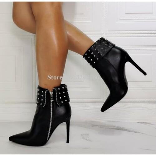 Black Leather Studs Woman Ankle Boots Fashion Design Zipper Rivets Short Boots Sexy Lady Real Photos Winter Banquet Shoes
