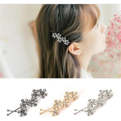 Flower Rhinestone Women Hair Accessories Plum Floral Hair Clip Girls Hair Pins Sweet Wedding Headwear Silver Gold Barrette