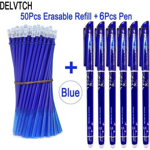 DELVTCH 50+6Pcs/Set 0.5mm Erasable Gel Pen Erasable Pen Refill Blue Black Erasable Refill School Stationery Office Writing Tools