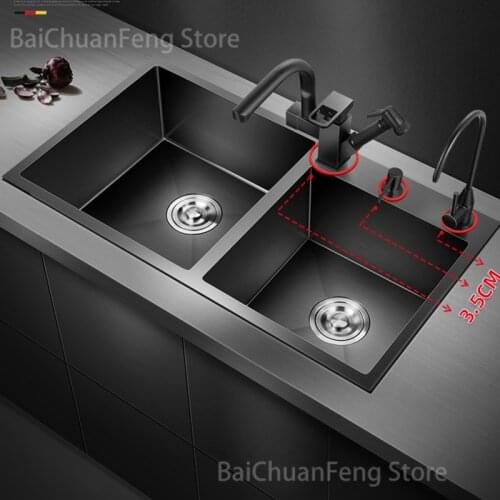 Double Luxury Wash Basin Trough Sink 304 Stainless Steel Kitchen Sinks Black Nano Wash Basin Under Platform Kitchen Accessories