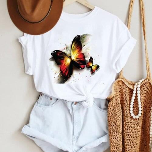 Graphic T Top Female Tshirts Clothes T-Shirt Women Mountain Butterfly Lovely Trend Cute Ladies Cartoon Summer Lady Print Tee