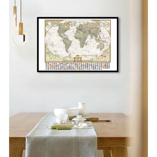 90*60cm The World Map with National Flags In Detail Vintage Canvas Painting Wall Art Poster School Supplies Classroom Home Decor