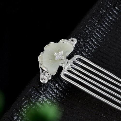 Chinese Traditional Wedding Hair Accessories Comb 925 Sterling Silver With Natural Stone Jade Hair Fork Vintage Jewelry Luxury