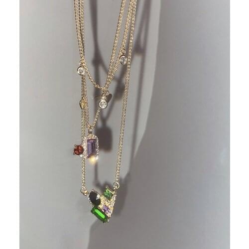 Multi-layer Stacking Retro Metal Rhinestones Geometric Pendant Necklace Women Clavicle Chain Korean Trendy Simplicity Necklace