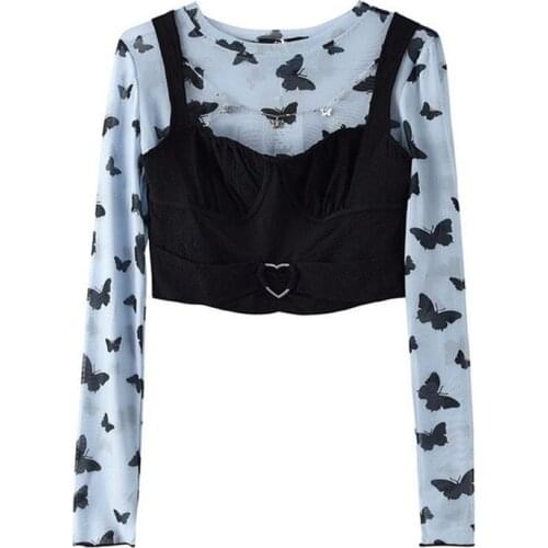 Butterfly Print Fashion Mesh Top and Black Camisole Sexy 2-piece Suit Ladies Spring 2021 Harajuku Thin Long-sleeved Top