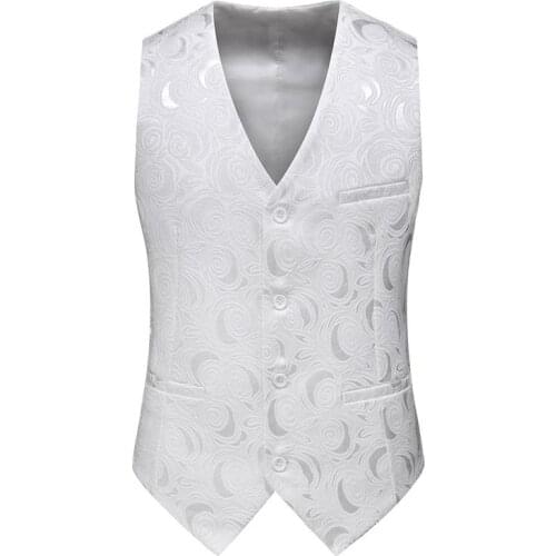 Mens Elegant Jacquard Vest White Suit Vest Single Breasted Waistcoat Men Dress Vests V-neck Sleeveless Waistcoats S-6XL