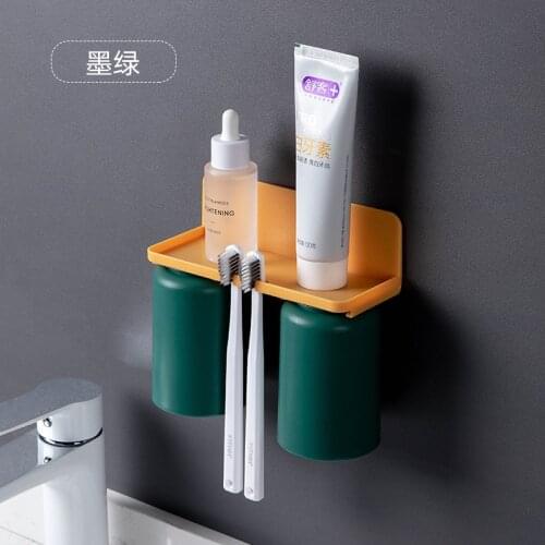 Bathroom Accessories Set Wall-mounted Toothbrush Holder + 2 Pieces Plastic Cups White/ Dark Green/ Blue/ Pink