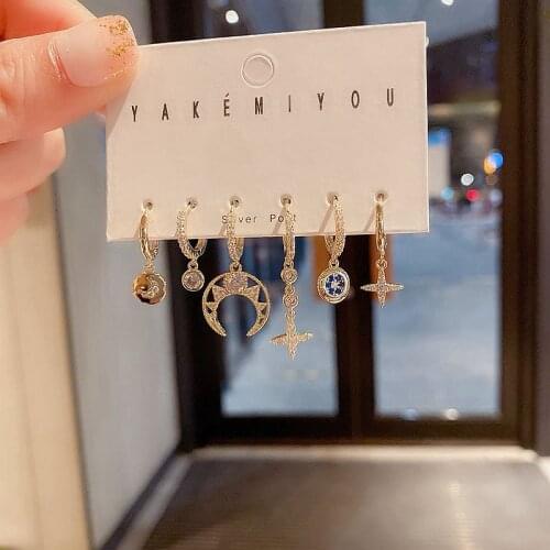 Mixed Styles Cubic Zircon Crystal Star Moon Dangle Earrings Set Gold Color Women Party Gift Jewelry