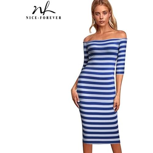 Nice-forever 2021 Summer Women Fashion Stripes Print Dresses Casual Sexy Off Shoulder Bodycon Tube Sheath Dress bty703