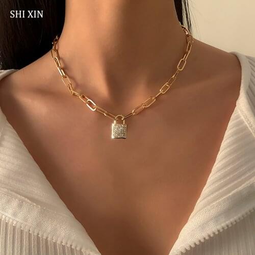 SHIXIN Punk Simple Lock Pendants Necklace for Women Trendy Padlock Crystal Necklaces 2021 Gold Color Fashion Neck Chains Jewelry